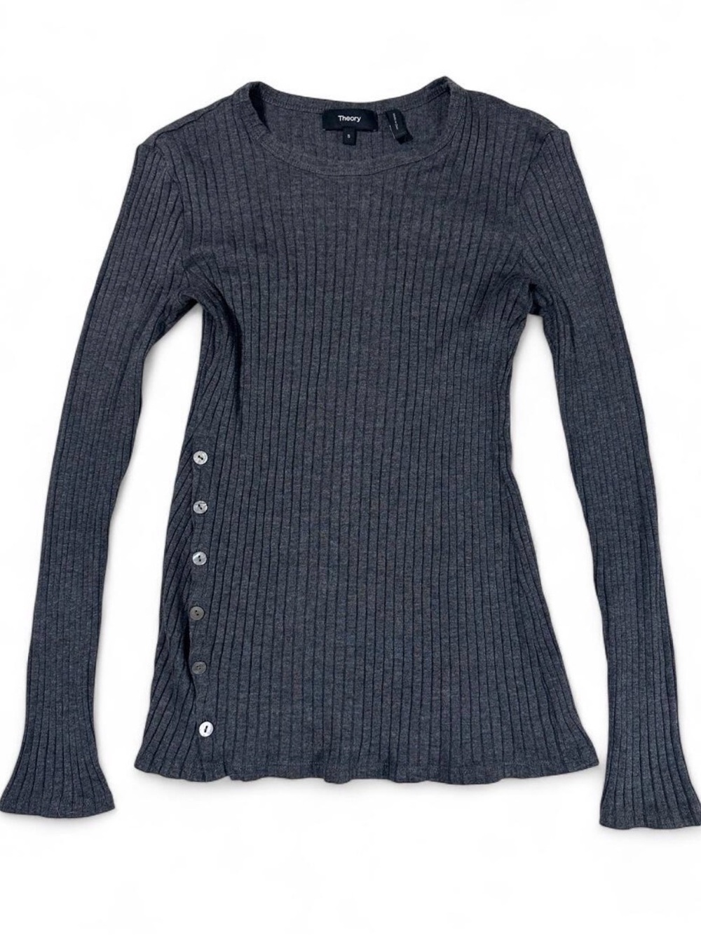 Theory Charcoal Ribbed Long-Sleeve Top with Side Buttons
